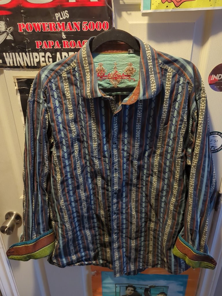 Robert Graham Mens Xxl 2xl Navy Embroidered Striped Flip Cuff Dress Shirt